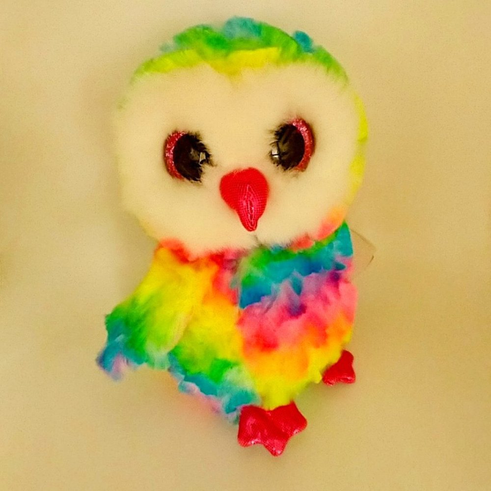 Ty Beanie Boo Owen 6", 2017, Ty Owl Rainbow Neon